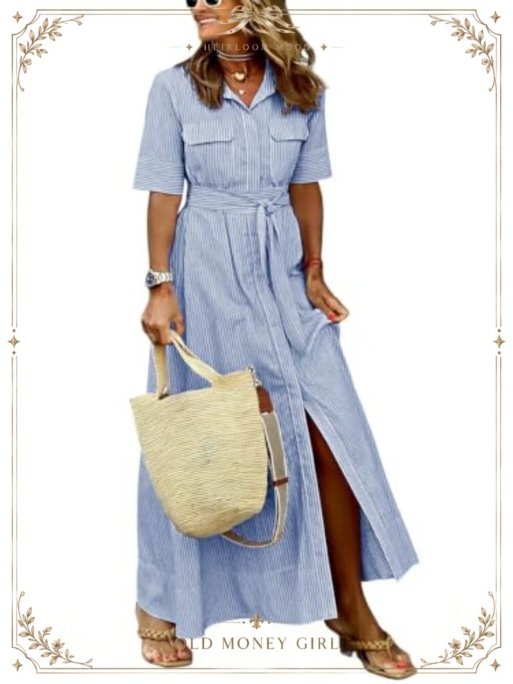 Women's Boho Striped Maxi Shirt Dress Button Down Belted Cotton